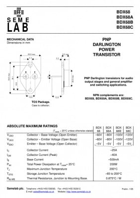 BDX68C Транзистор: PNP; биполярен; Дарлингтон; 120V; 50A; 300W; TO3 GOTO: 2SB694, MJ11011, 2N6287, MJ11013 MJ 11011, 2SB694