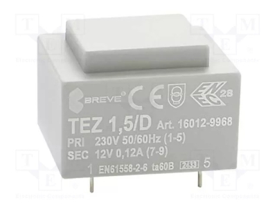 Трансформатор TEZ1.5/D/12V Трансформатор: залят; 1,5VA; 230VAC; 12V; Монтаж: PCB; IP00; 70g