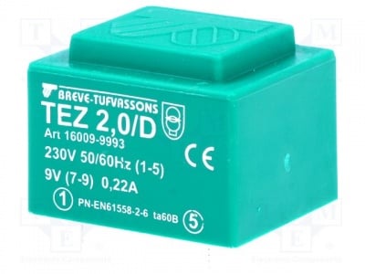 Трансформатор TEZ2/D/9V Трансформатор: залят; 2VA; 230VAC; 9V; 222,2mA; Монтаж: PCB; IP00