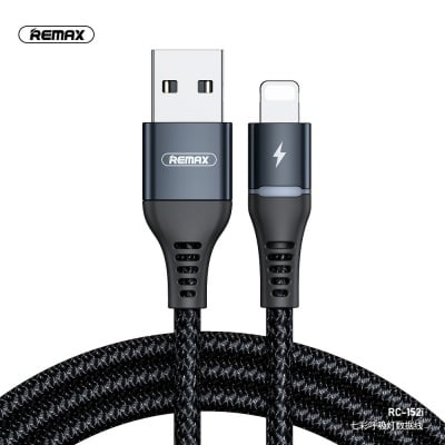 Кабел за зареждане на IPHONE REMAX кабел USB за iPhone Lightning 8-пинов Цветна светлина 2,4A RC-152I 1 метър бял или черен