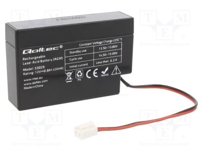 Акумулатор 12V 0.8Ah QOLTEC ACCU-HP0.8-12/Q Акум: оловно-киселинен; 12V; 0,8Ah; AGM; необслужваем; 95x24x60mm