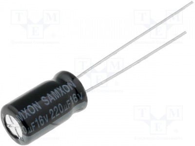Кондензатор KM220/16 Кондензатор: електролитен; THT; 220uF; 16VDC; O6,3x11mm; ±20%