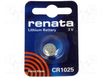 Батерия CR1025 BAT-CR1025/RE-B Батерия: литиева; 3V; CR1025; Кол.бат:1; O10x2,5mm; 30mAh