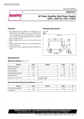 STK4141V SANYO 2-CHANNEL AF-POWER AMPLIFIER 25W +/-39V 2X&gt;25W STK4101 STK4151,4161,4171,2x25W