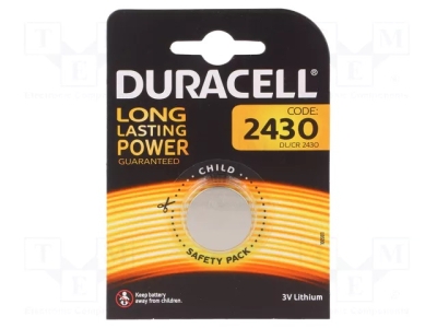 Батерия DURACELL BAT-CR2430/DR-B1 Батерия: литиева; CR2430,бутонна; 3V; Незареждаема; O24x3mm; 1бр.