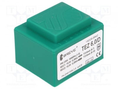 Трансформатор TEZ6/D/10.5-10.5V Трансформатор: залят; 6VA; 230VAC; 10,5V; 10,5V; 285,7mA; 285,7mA