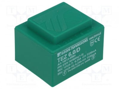 Трансформатор TEZ6/D/12-12V  Трансформатор: залят; 6VA; 230VAC; 12V; 12V; 250mA; 250mA; IP00; 200g