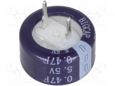 Кондензатор 0.47F 5.5V BCEC-5.5V-0.47F Кондензатор: електролитен; THT; 0,47F; 5,5VDC; O13,5x7,3mm; ±20%
