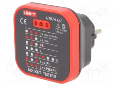 Тестер за контакти SCHUKO UNI-T UT07A-EU Тестер: тестер на мрежови гнезда; 3 LED; Щепсел: EU; 230VAC