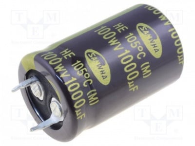 Кондензатор 1000uf 100V HE2A108M22035HA Кондензатор: електролитен; SNAP-IN; 1000uF; 100VDC; O22x35mm; ±20%