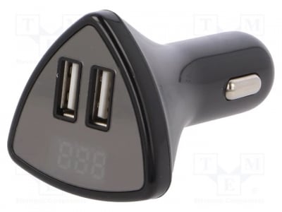 Зарядно за автомобилна запалка 12V USB с волтметър A13-232B2 Автомобилно захранване; USB A гнездо x2; Захр.напр: 12?24VDC