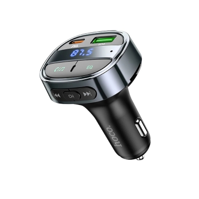 Трансмитер Зарядно устройство USB 12V 5A Hoco USB A + USB C PD QC3.0 5A 30W с дигитален дисплей + предавател FM BT E70, черен обсидиан