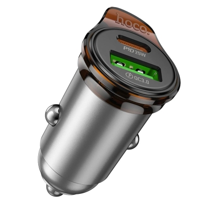 Зарядно за кола Hoco USB A + USB C QC3.0 PD 43W + кабел USB C към USB C NZ16A метално сиво