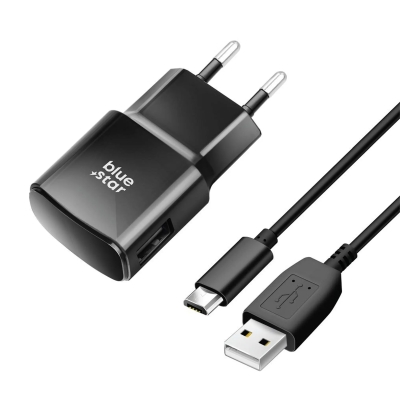 Зарядно за телефон Blue Star USB A 2A 10W + кабел USB A към Micro USB TFK-TC-1100B черно
