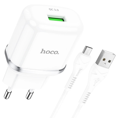 Зарядно за телефон Hoco USB A QC3.0 3A 18W + кабел USB A към Micro USB N3 бяло