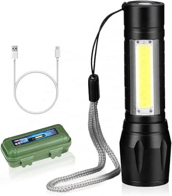 Прожектор XPE+COB-omega LED фенерче с COB светлина Мини водоустойчиво преносимо LED XPE COB USB акумулатор  18650 с 3 режима светлина с висящо въже  метално