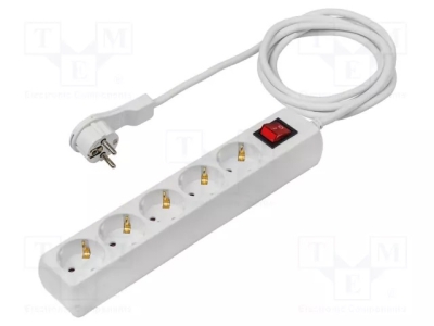 Разклонител 5+ключ 2m с кабел AS-11393 Удължител захранващ; 3G1,5mm2; 2m; PVC; бял; Кол.гнезда: 5; 16A