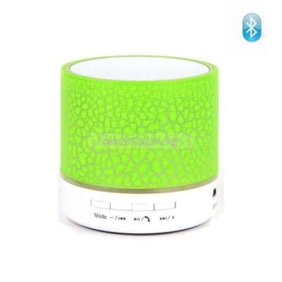 Bluetooth колонка mini, FM радио, литиево-йонна батерия, слот за USB/micro SD CARD, RGB LED подсветка, зелена