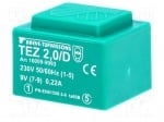 Трансформатор TEZ2/D/9V Трансформатор: залят; 2VA; 230VAC; 9V; 222,2mA; Монтаж: PCB; IP00