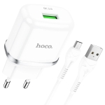 Зарядно за телефон Hoco USB A QC3.0 3A 18W + кабел USB A към Micro USB N3 бяло